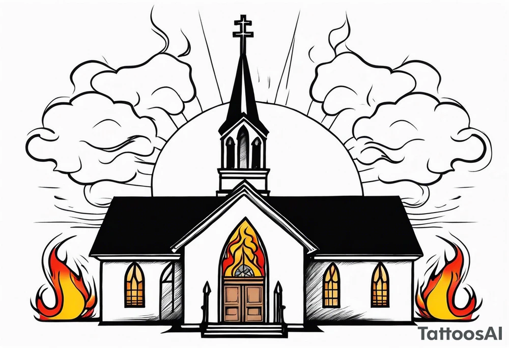 old school church with flames tattoo idea