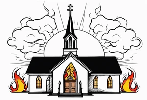 old school church with flames tattoo idea