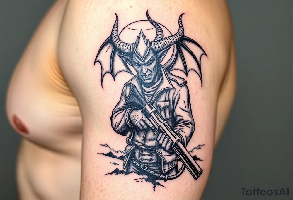 demon in cowboy-clothing,big gun,landscape. tattoo idea