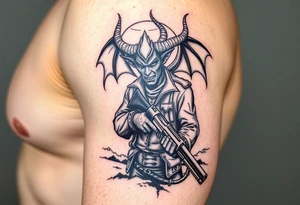 demon in cowboy-clothing,big gun,landscape. tattoo idea