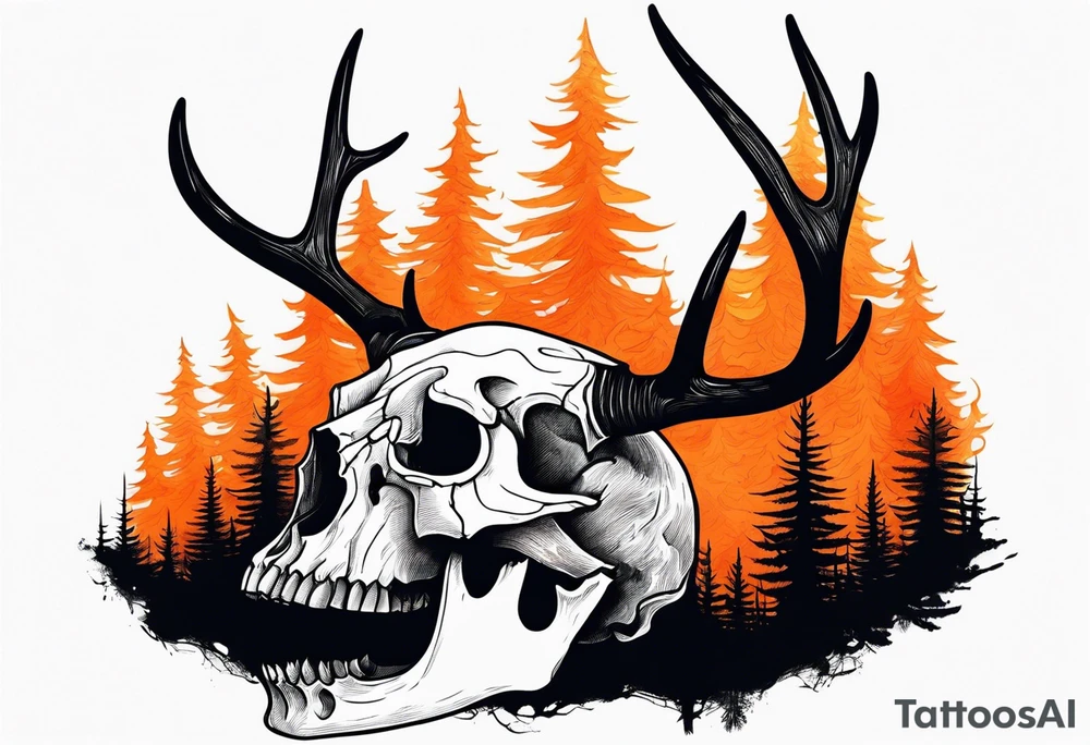 scary side view of a DECAYING deer skull JUST BONE surrounded by a forest fire in background tattoo idea