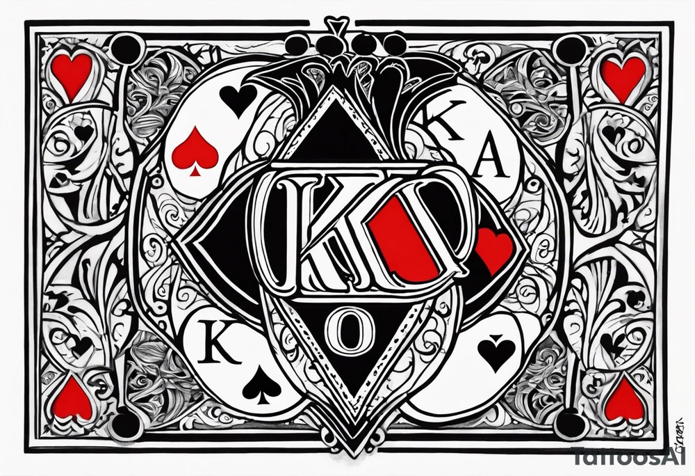 Only  Two cards no faces just letters and shapes, king of hearts with the K in the middle of the card and hearts in the corners and the Ace of spades behind it with the A in the corner peeking from behind the king of hearts card tattoo idea