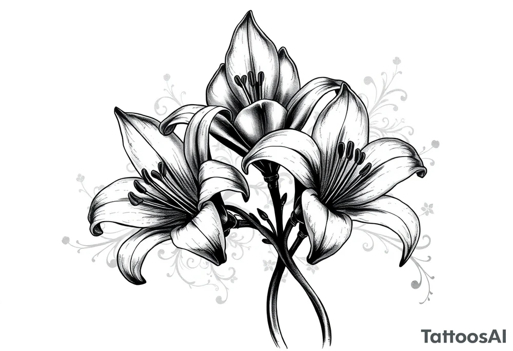 Lillies with dark and filigree patterns in background tattoo idea
