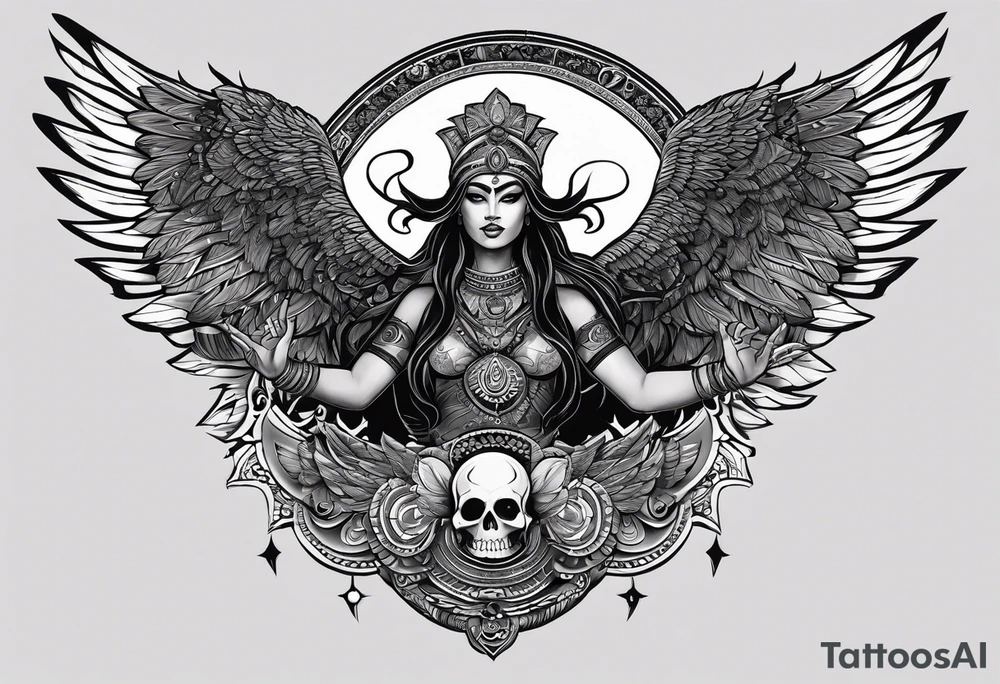 black kali, goddess pirate, alien, angel, pachamama, valkrye, warrior, flying, skull, lotus azul, wing, eagle, zenza resonance, stars, 5D, anahata chakra, death, durga, riding on a tiger tattoo idea