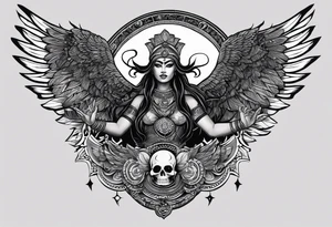 black kali, goddess pirate, alien, angel, pachamama, valkrye, warrior, flying, skull, lotus azul, wing, eagle, zenza resonance, stars, 5D, anahata chakra, death, durga, riding on a tiger tattoo idea