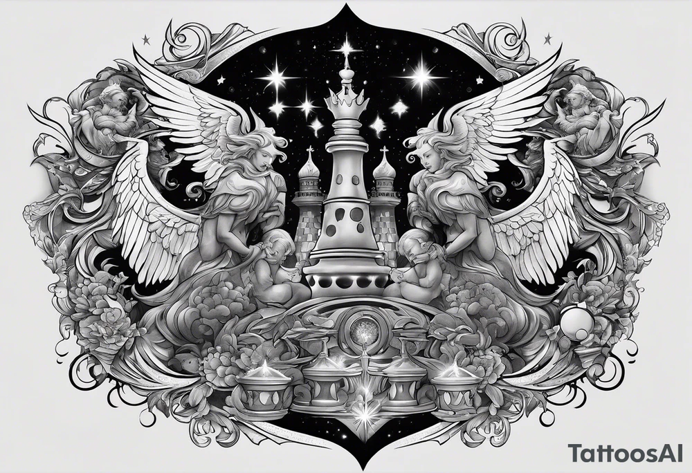 Create a large-scale tattoo featuring an epic cosmic battle scene with angels and demons engaged in a chess match amidst swirling galaxies and celestial elements. tattoo idea