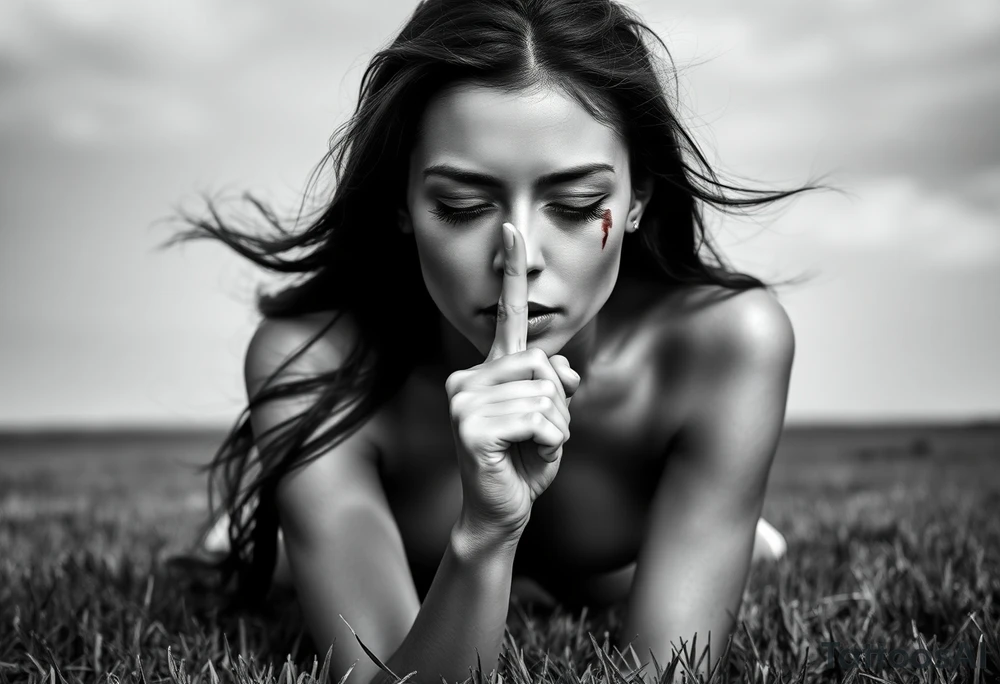 Theme: A powerful portrayal of the "See No Evil, Hear No Evil, Speak No Evil" concept, interpreted as a deliberate choice of selective perception and silence. The direct gaze and front-facing pose draw the viewer into her deliberate act of willful ignorance and secrecy.
Placement:  full front / full front thigh piece
Style realism black and grey).
Vibe: Striking,beautiful, and serene.
The Woman:
Pose: Kneeling on the grass, facing fully forward toward the viewer. The depiction will focus on her face, neck, upper chest, and torso.
Hair: Long hair flows forward and out to the sides, caught by the wind. It frames her face and shoulders.
Face - Eyes: Eyes are closed, emphasizing her active choice to close herself off.
Face - Nose/Mouth: A finger is held vertically to her lips in a "shush" or "don't speak" gesture, prominently visible centered on 
  Ears are seen bleeding and blood stains in the side in her left cheek 
Background/ Environment:
 Lush green grass where she is kneeling, at the very bottom of the composition.
Flowers roses and Beautiful  plumeria flowers bloom around her kneeling form,  framing her hips or flowing near the grass line. As the sun is setting 
Butterflies: Different sized butterflies flutter in the space around her chest and hair, adding organic movement.
Essential References & Inspiration
Examples of hair blowing forward in the wind, framing the face and chest.
Specific examples of the "shush" finger-to-lips pose from a front angle.
 pink plumeria and various butterflies. tattoo idea