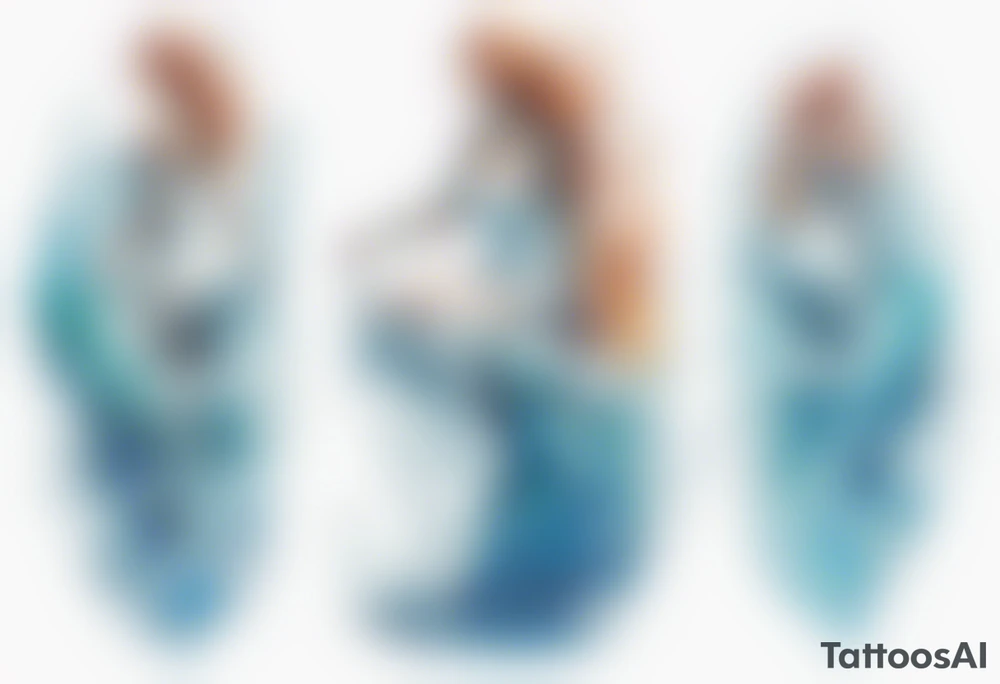 a tall transparent woman made of glass covered with water, sitting upon a wave tattoo idea