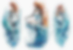 a tall transparent woman made of glass covered with water, sitting upon a wave tattoo idea