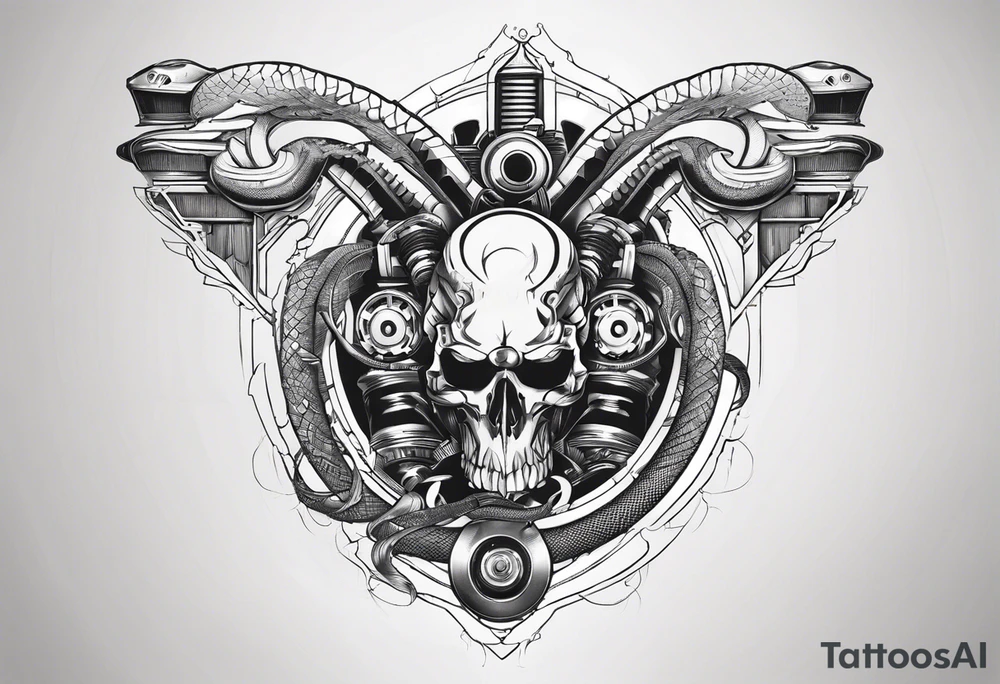 Aggresive Snake with an engine, also the design must be vertical. Also, the desing must be minimalistic not saturated. Remember the vertical proportion of the design. Within the design appears bullets tattoo idea