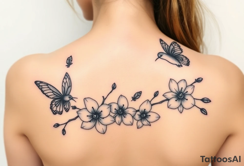Butterflies and hummingbirds flying over orchids tattoo idea
