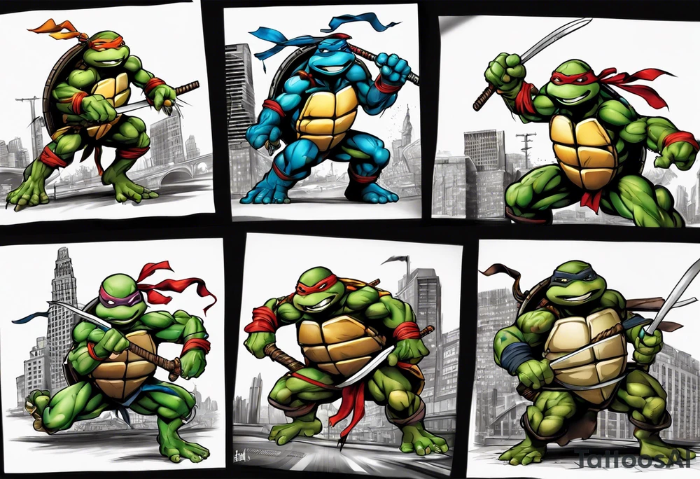 all four teenage mutant ninja turtles fighting enemies in a cityscape tattoo idea