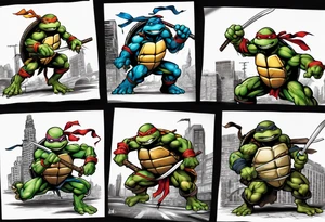 all four teenage mutant ninja turtles fighting enemies in a cityscape tattoo idea