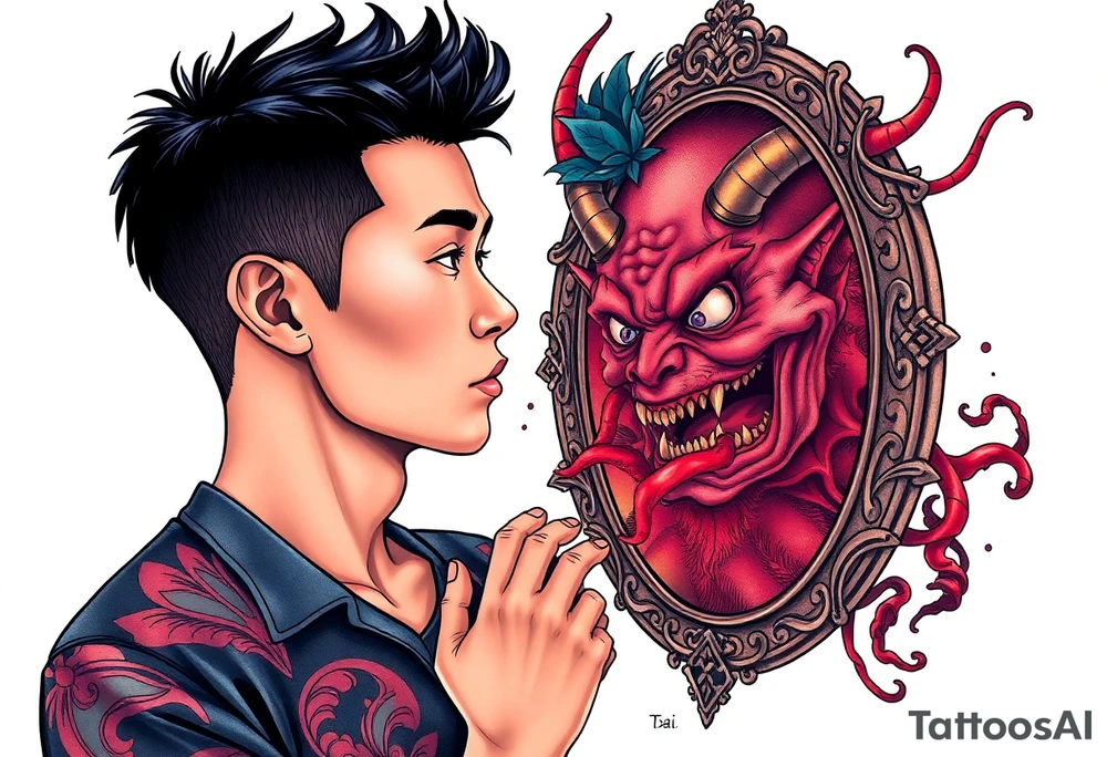 Handsome Asian young guy is looking in cursed mirror and see a demon tattoo idea