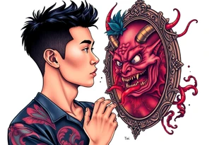 Handsome Asian young guy is looking in cursed mirror and see a demon tattoo idea