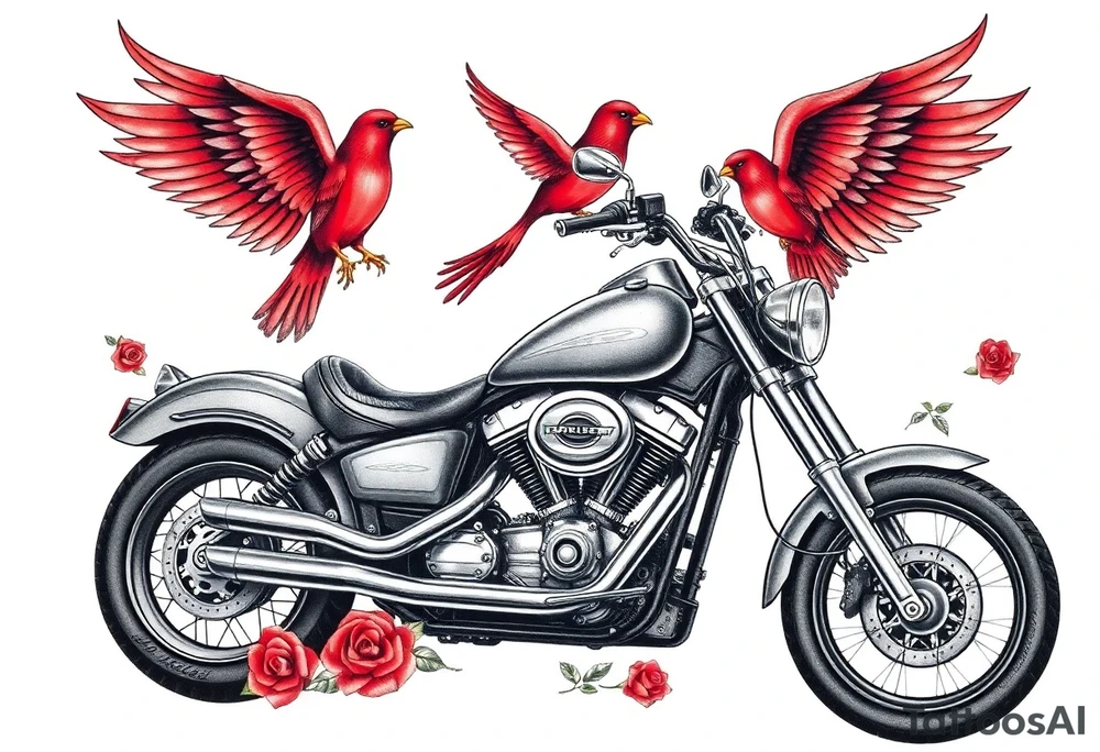 Harley grey motorcycle driving away, two red birds flying, roses, flames,angel wings tattoo idea