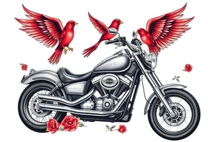 Harley grey motorcycle driving away, two red birds flying, roses, flames,angel wings tattoo idea
