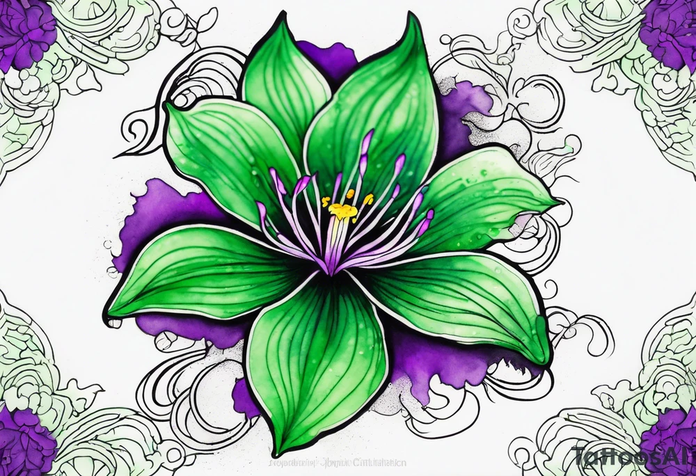 A mystical outline of a green with a bit of purple rio dipladenia flower and a green and purple watercolor splash in the background tattoo idea