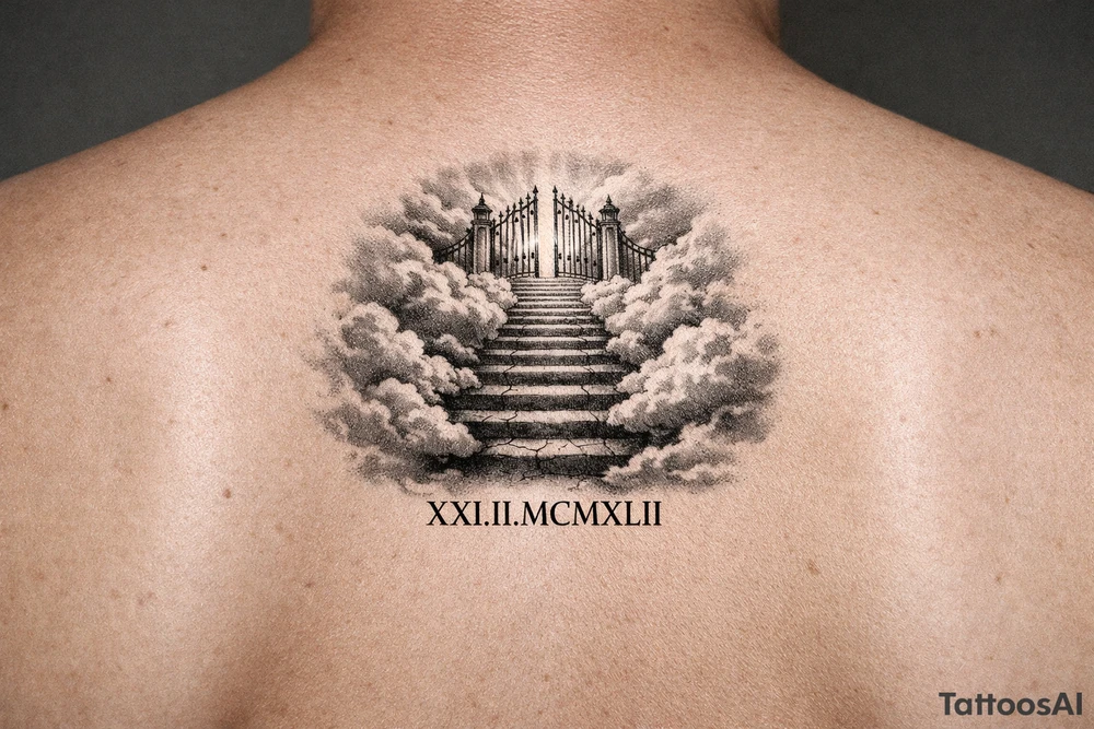 Stairway to heaven, with clouds surrounding the stairs, and the gate being at the top. A date, below the stairs, in Roman numerals 21.02.1942. tattoo idea