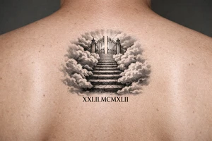 Stairway to heaven, with clouds surrounding the stairs, and the gate being at the top. A date, below the stairs, in Roman numerals 21.02.1942. tattoo idea