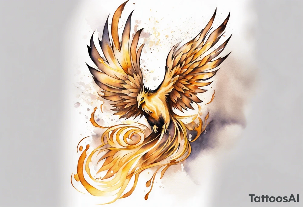 Sleeve tattoo on a woman's arm. Gold Phoenix tattoo idea