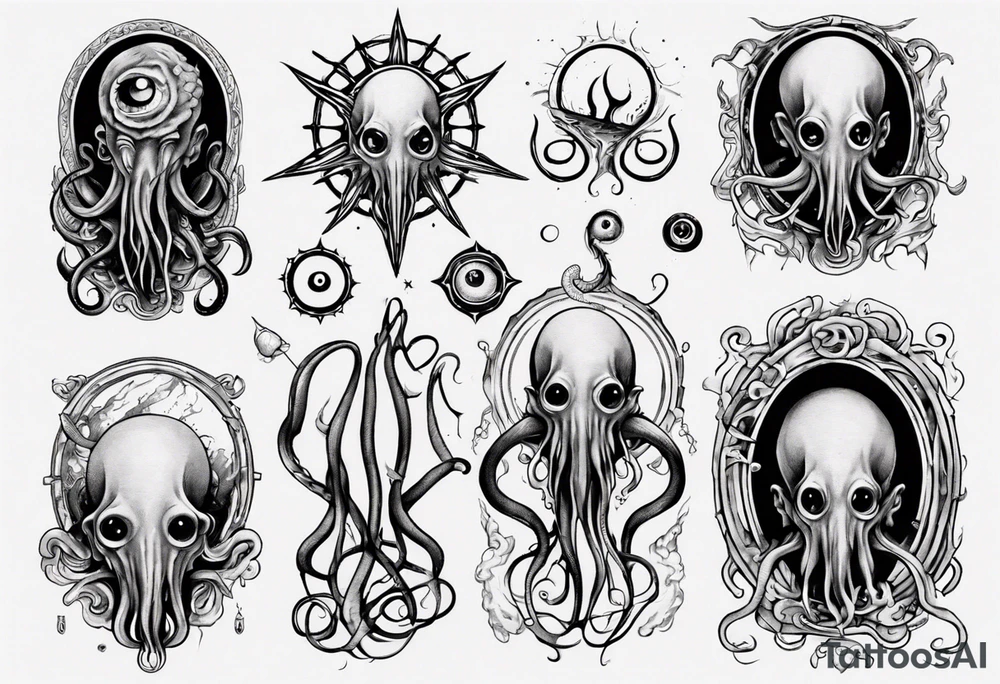 lovecraft long tattoo to put on the forearm, with eye and tentacle tattoo idea