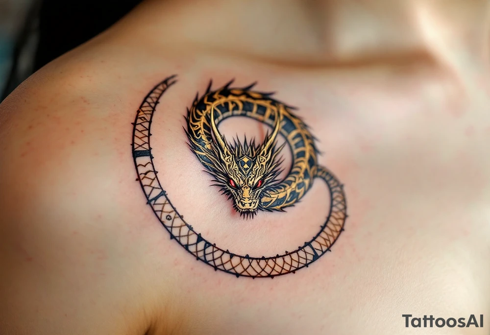 A golden dragon Ouroboros snake forming cyrcle with ruby eyes, its body covered in ancient markings, resembling a divine entity. tattoo idea