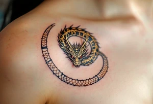 A golden dragon Ouroboros snake forming cyrcle with ruby eyes, its body covered in ancient markings, resembling a divine entity. tattoo idea