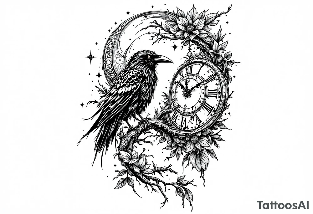 left arm tattoo of a raven mandala on a branch next to a clock face tattoo idea