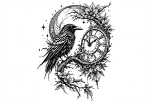 left arm tattoo of a raven mandala on a branch next to a clock face tattoo idea