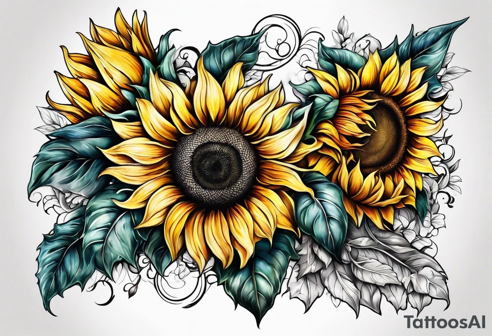 Sunflowers and angel wings leg sleeve tattoo idea