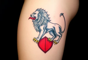 A majestic double-tailed silver lion with golden claws and a red tongue, standing proudly on a red shield, symbolizing strength and courage tattoo idea