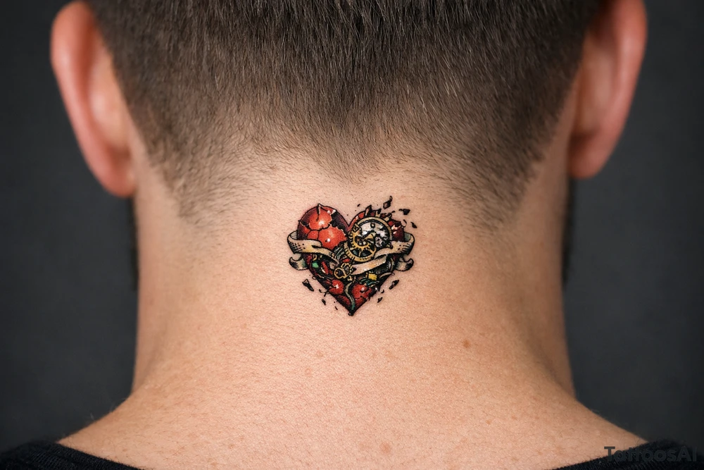 Surreal heart with clockwork gears breaking apart, script entwined. tattoo idea