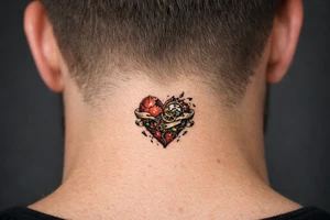 Surreal heart with clockwork gears breaking apart, script entwined. tattoo idea