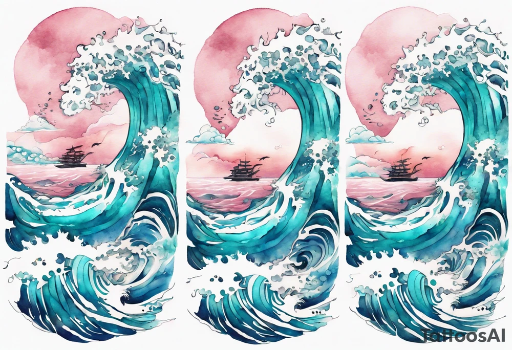 a turquoise and white and pink pretty Umibōzu rising from the blue waves of the ocean tattoo idea