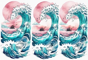 a turquoise and white and pink pretty Umibōzu rising from the blue waves of the ocean tattoo idea
