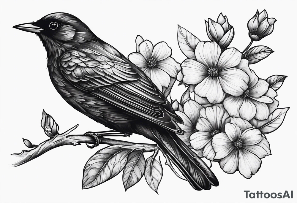 A black bird with its wings up on a branch with flowers tattoo idea