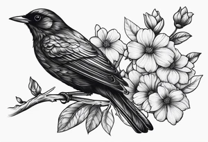 A black bird with its wings up on a branch with flowers tattoo idea
