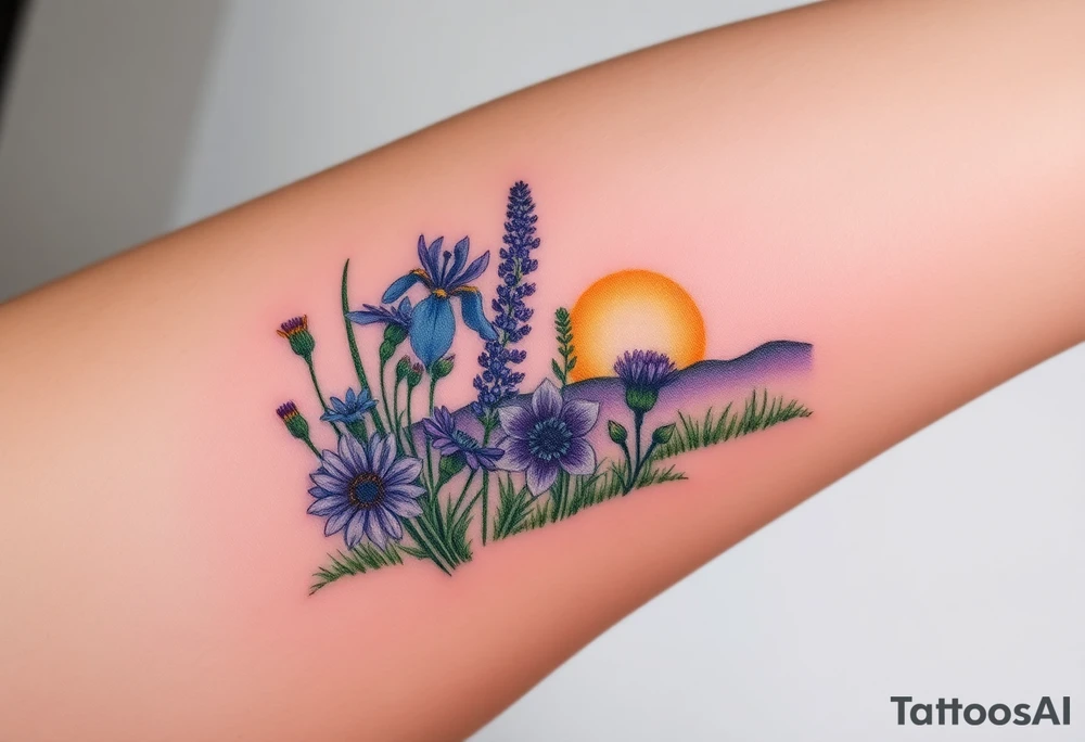 a bunch of cutleaf coneflower, blue flag iris, bee balm, obedient plant, purple coneflower on a hill with grass with a beautiful sunset tattoo idea