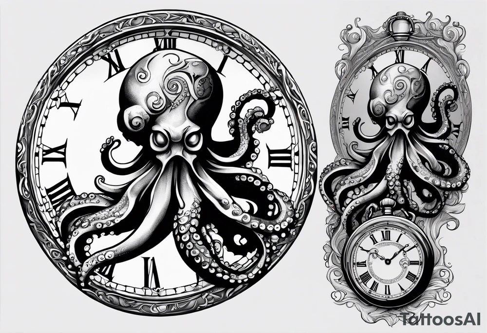 to be drawn in the arm, pocket watch wrapped under an aggressive octopus in side view tattoo idea