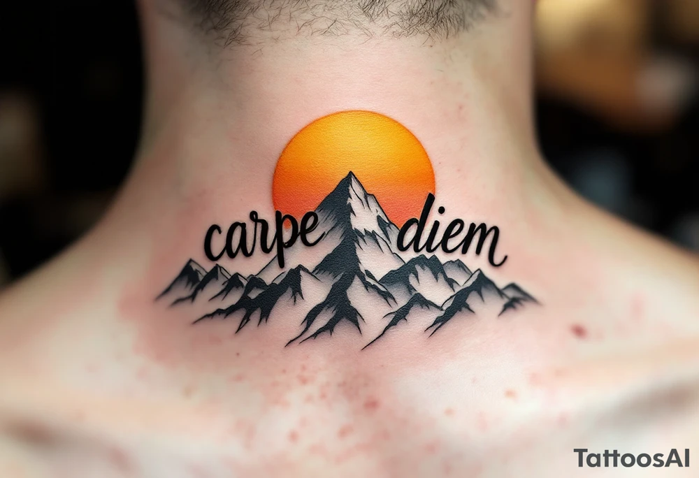 An arched black minimalist font "carpe diem" over a gray mountain range and golden sun. tattoo idea