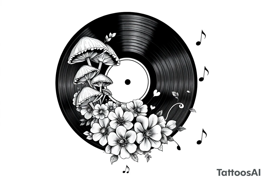 vinyl record with mushrooms, flowers, hearts, and music notes tattoo idea