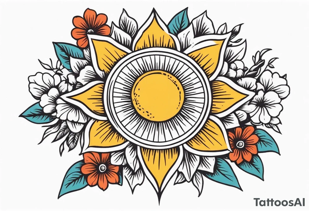 sunshine with rays

old school vintage simple traditional design with vintage flowers surrounding
bold color simple tattoo idea