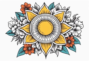 sunshine with rays

old school vintage simple traditional design with vintage flowers surrounding
bold color simple tattoo idea