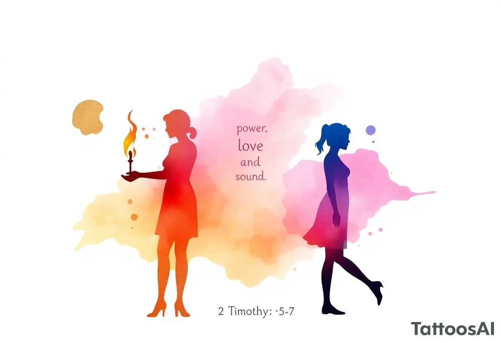 Silhouette of grandmother, mother and daughter passing a flame from oldest to youngest with the flame growing as it goes. Make the flame in watercolor motif and the silhouettes simple. Incorporate the words power, love and sound mind. Or 2 Timothy: 5-7 tattoo idea