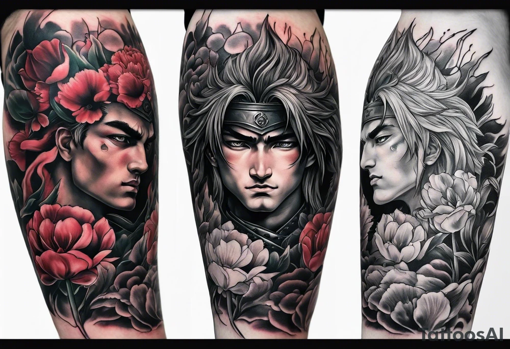 close up of ther face a berserk theme tattoo of guts with his sword on a land of flowers - tulips and peonys on a arm tattoo idea