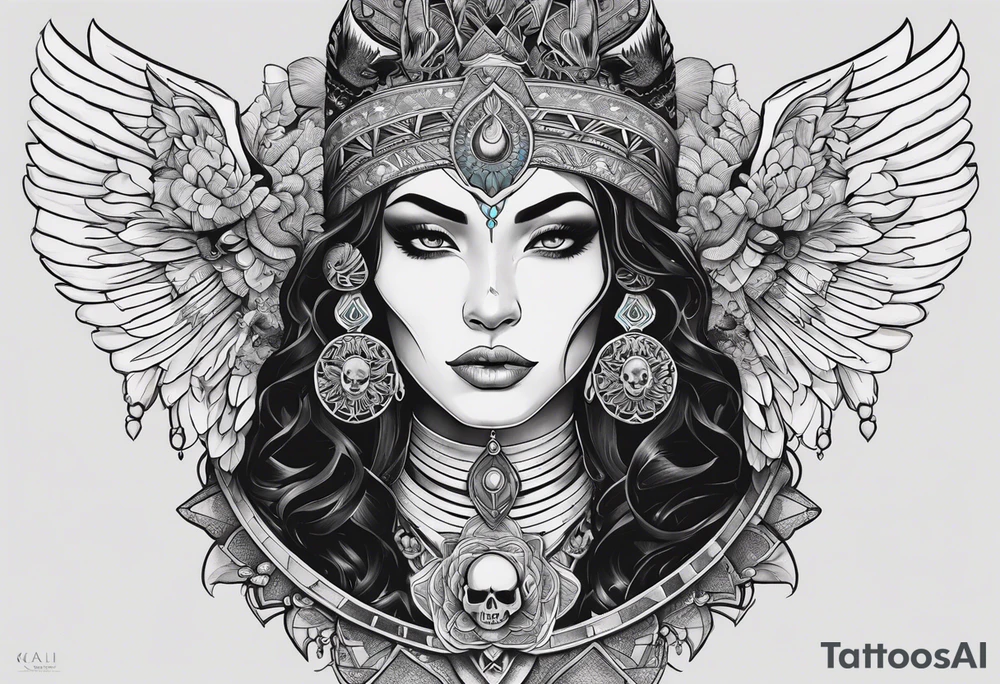 kali ma, alien goddess, valkrye, aries, pirate, divine feminine, zenza resonance, pachamama, lotus azul, blank panther, eagle, skull, 5D, nueva gaya, dna 12 tattoo idea