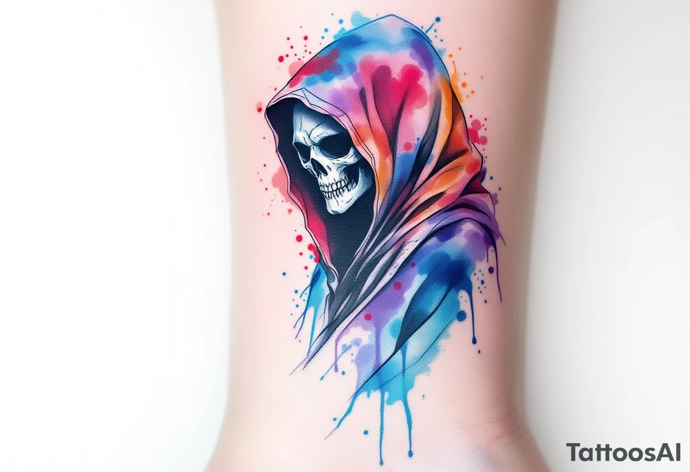 A watercolor-style Grim Reaper with splashes of red, blue, and violet fading from his cloak. tattoo idea