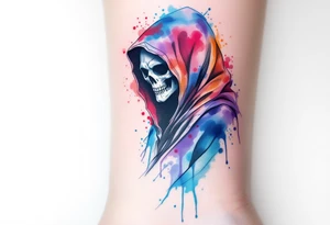 A watercolor-style Grim Reaper with splashes of red, blue, and violet fading from his cloak. tattoo idea