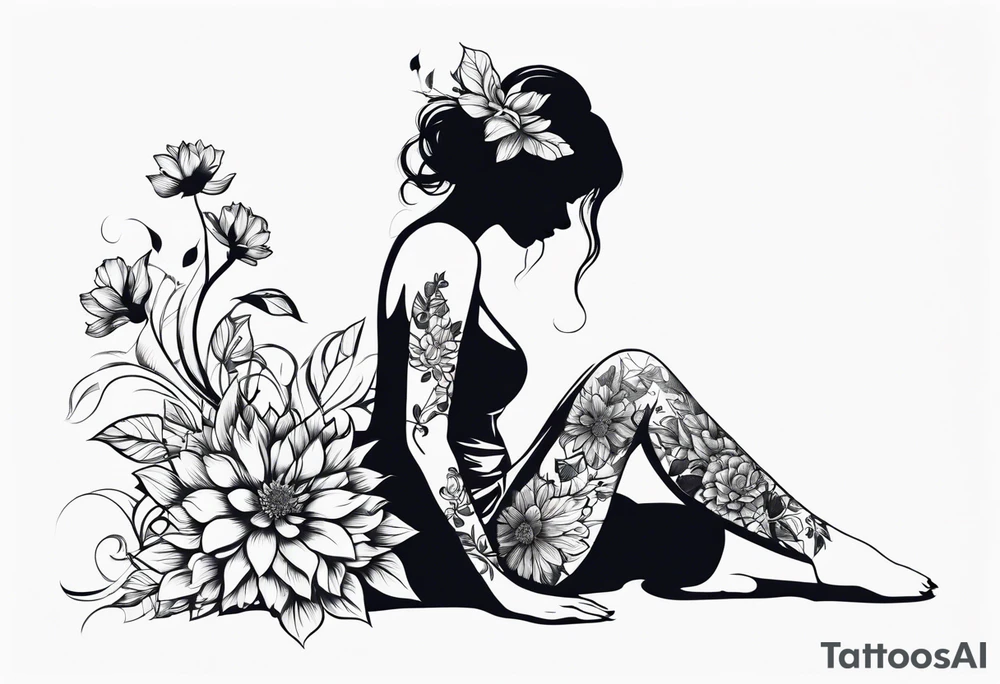 silhouette of a girl with a flower head, kneeling tattoo idea